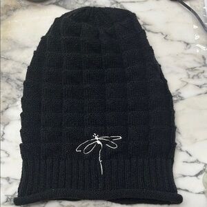 NWOT Black Knit Beanie with Dragonfly Embroidery
